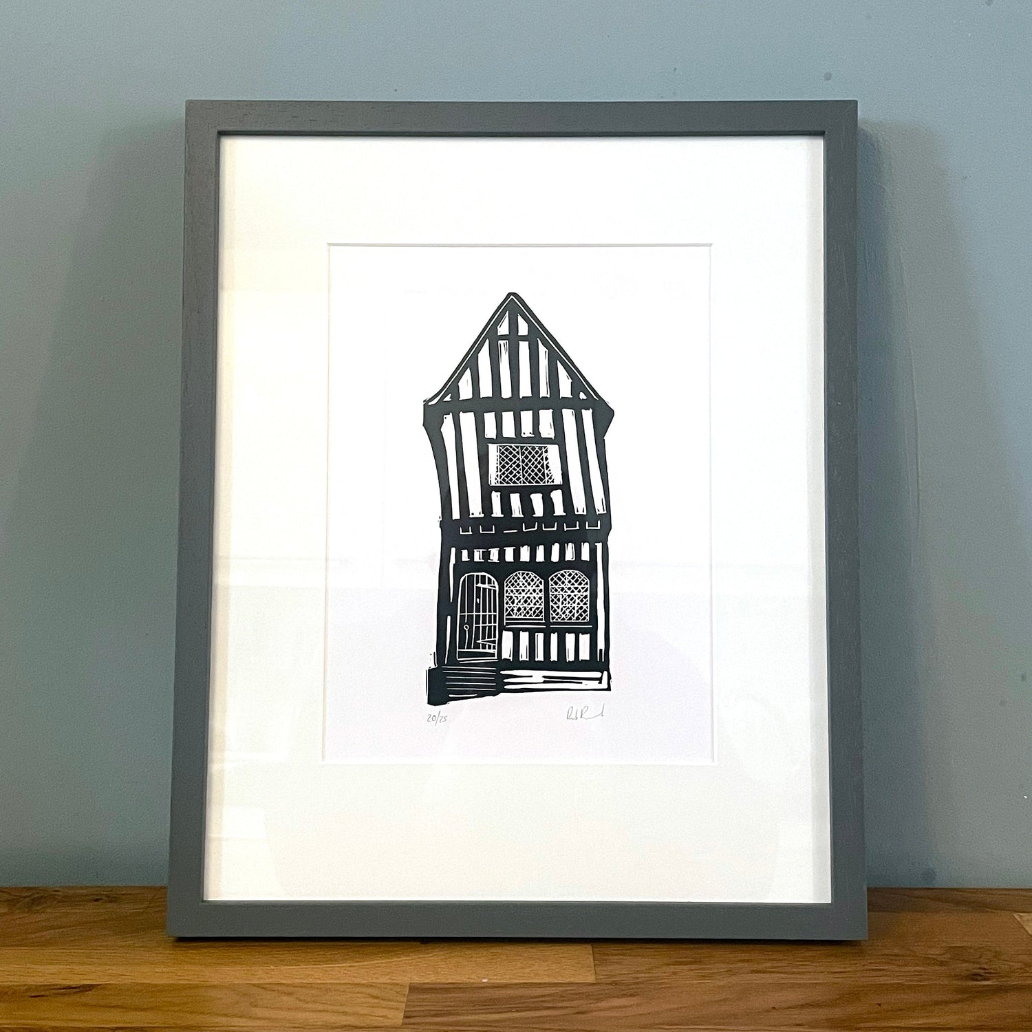 Suffolk Homes Series. 2x Original Lino prints of famous Suffolk Buildings The Crooked House, Lavenham & The House in the Clouds, Thorpeness. The Rik Barwick Studio